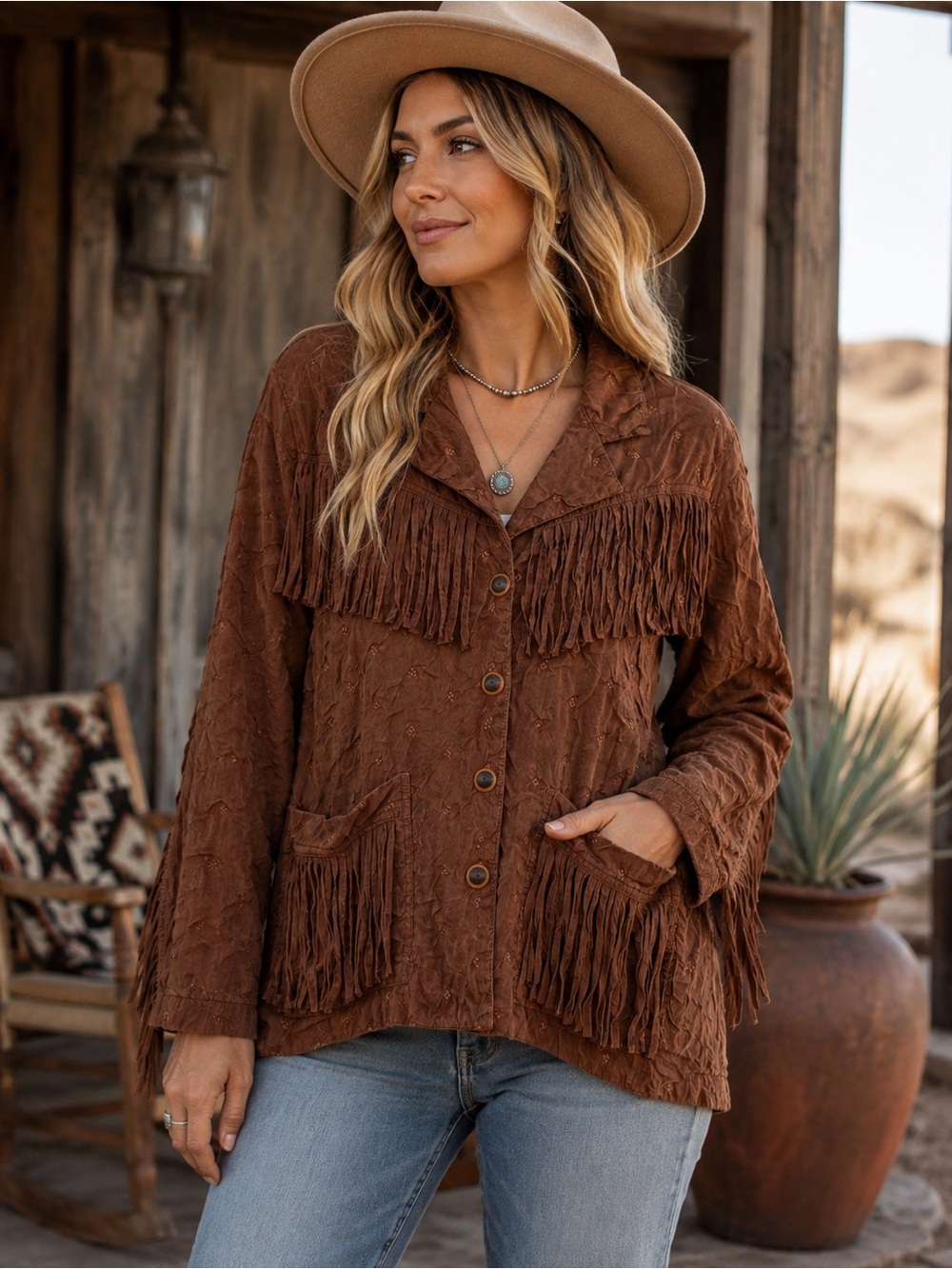 Action Wear USA Vintage 90s Brown Suede Look Fringe Western Jacket M  Cowgirl